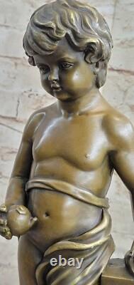 Art Deco Bronze Chair Young Boy Sculpture Signed Nouveau Marble Figurine