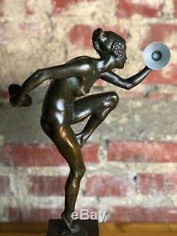 Art Deco Bronze Dancer Cymbals Signed Lucien Alliot Marble Pedestal