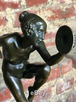 Art Deco Bronze Dancer Cymbals Signed Lucien Alliot Marble Pedestal