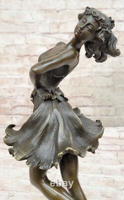 Art Deco Bronze Dancer, Signed Cesaro, Openwork Marble Base Sculpture Artwork