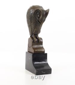 Art Deco Bronze Owl Statue on Black Marble Base After Michel Coste