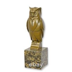 Art Deco Bronze Owl Statue on a Black Marble Base Signed