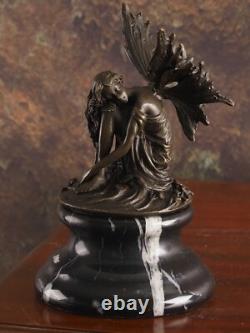 Art Deco Bronze Sculpture Fairy Signed on Black Marble Base After Milo