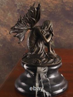 Art Deco Bronze Sculpture Fairy Signed on Black Marble Base After Milo