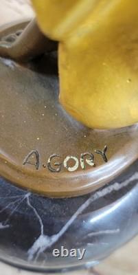Art Deco Bronze Sculpture with Gold Patina, Signed by A. Gory, Marble Figurine, Nouveau