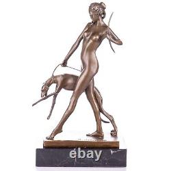 Art Deco Bronze Statue of Diana with Dog on Black Marble after E. McCartan