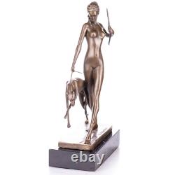 Art Deco Bronze Statue of Diana with Dog on Black Marble after E. McCartan