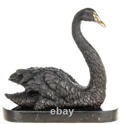 Art Deco Bronze Swan Sculpture on a Black Marble Base, Signed