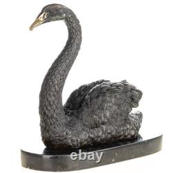 Art Deco Bronze Swan Sculpture on a Black Marble Base, Signed