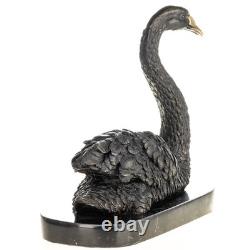 Art Deco Bronze Swan Sculpture on a Black Marble Base, Signed