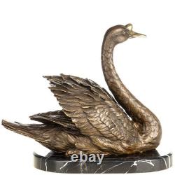 Art Deco Bronze Swan Sculpture on a Black Marble Base after M. Lopez