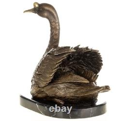Art Deco Bronze Swan Sculpture on a Black Marble Base after M. Lopez