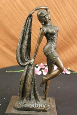 Art Deco Bronze Woman Signed Chiparus Museum Quality On Marble Figurine Base Lrg