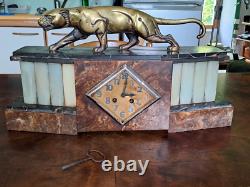 Art Deco Clock with Bronze Panther Signed J. B. Hugues