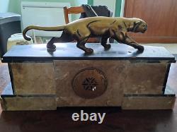 Art Deco Clock with Bronze Panther Signed J. B. Hugues