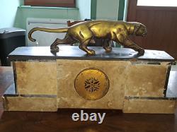 Art Deco Clock with Bronze Panther Signed J. B. Hugues