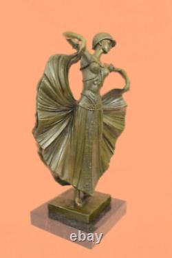 Art Deco Fans Dancer Signed Bronze Art Marble Sculpture Decor Figurine