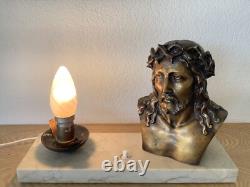 Art Deco Lamp in Signed Bronze by L. Artaud, Opaline and Vintage Marble