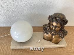 Art Deco Lamp in Signed Bronze by L. Artaud, Opaline and Vintage Marble