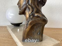 Art Deco Lamp in Signed Bronze by L. Artaud, Opaline and Vintage Marble