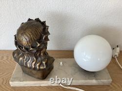 Art Deco Lamp in Signed Bronze by L. Artaud, Opaline and Vintage Marble