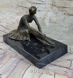 Art Deco Signed Dancer Bronze Sculpture Marble Base Statue Figure