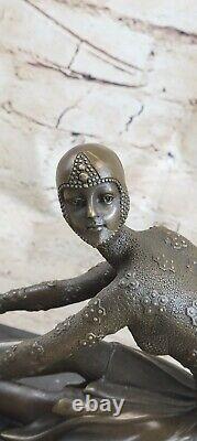 Art Deco Signed Dancer Bronze Sculpture Marble Base Statue Figure