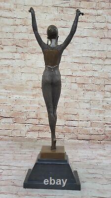 Art Deco Signed Dancer Bronze Sculpture Marble Base Statue Figurine