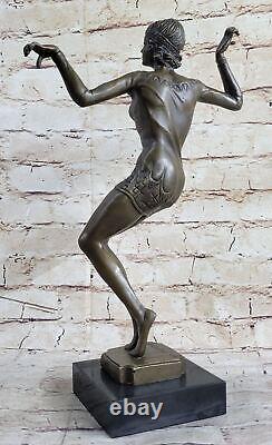 Art Deco Signed Dancer Dancer Bronze Sculpture Marble Base Statue Art