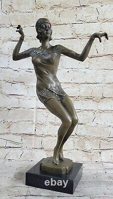 Art Deco Signed Dancer Dancer Bronze Sculpture Marble Base Statue Figure
