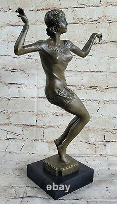 Art Deco Signed Dancer Dancer Bronze Sculpture Marble Base Statue Figure