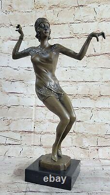 Art Deco Signed Dancer Dancer Bronze Sculpture Marble Base Statue Figurine