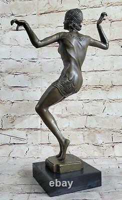 Art Deco Signed Dancer Dancer Bronze Sculpture Marble Base Statue Figurine