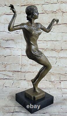 Art Deco Signed Dancer Dancer Bronze Sculpture Marble Base Statue Figurine