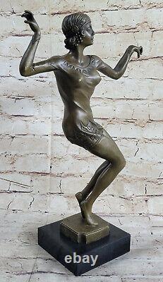 Art Deco Signed Dancer Dancer Bronze Sculpture Marble Base Statue Figurine