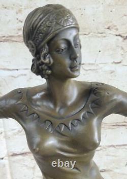 Art Deco Signed Dancer Dancer Bronze Sculpture Marble Base Statue Figurine