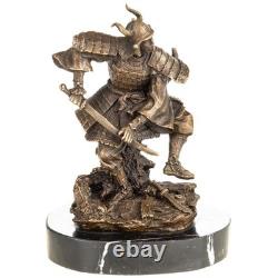 Art Deco bronze samurai sculpture on a black marble base, signed