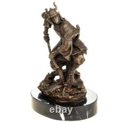 Art Deco bronze samurai sculpture on a black marble base, signed