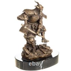 Art Deco bronze samurai sculpture on a black marble base, signed