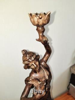Art Nouveau Mantel Clock, patinated spelter figure with bronze finish on pink marble, signed