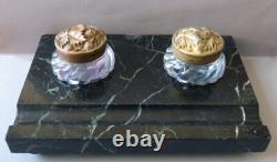 Art Nouveau inkwell in marble + bronze + Baccarat crystal signed BOYER