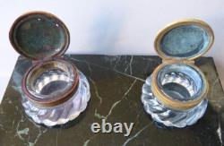 Art Nouveau inkwell in marble + bronze + Baccarat crystal signed BOYER