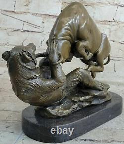 Art Signed Bull Fights with Bear Marble Bronze Statue Lost Wax Method Opens