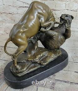 Art Signed Bull Fights with Bear Marble Bronze Statue Lost Wax Method Opens