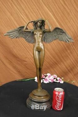 Artisanal Bronze Sculpture Marble Balance Weinman Signed By Angel Lady Flesh Decor