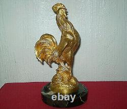 BRONZE SIGNED MAURICE FRECOURT singing rooster on marble base