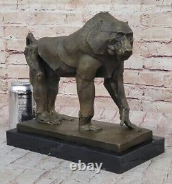 Baboon Sculpture Statue Figurine Bronze Metal Signed On Marble Base By