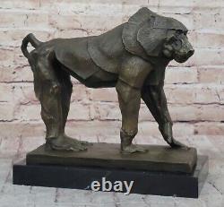 Baboon Sculpture Statue Figurine Bronze Metal Signed On Marble Base By