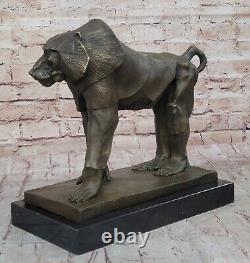 Baboon Sculpture Statue Figurine Bronze Metal Signed On Marble Base By