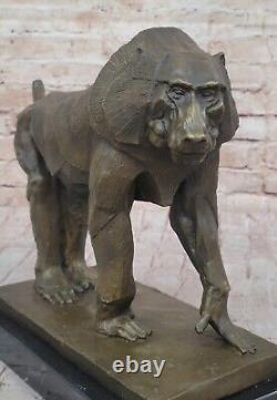 Baboon Sculpture Statue Figurine Bronze Metal Signed On Marble Base By